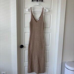 Crescent Sweater Dress Womens XS Beige Ribbed Knit V-Neck Sleeveless Midi